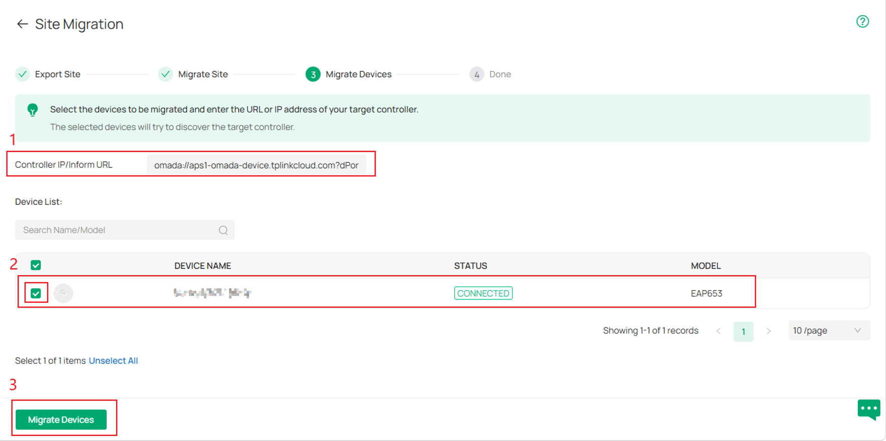 Migrate Device page where you can enter the URL and select the devices you want to migrate.