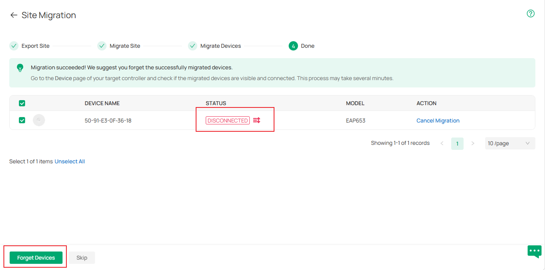 The Done page where you can forget your migrated devices.