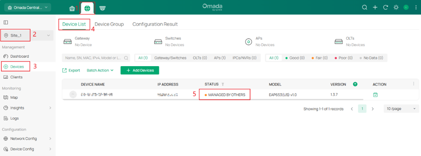 Devices list in your target site.