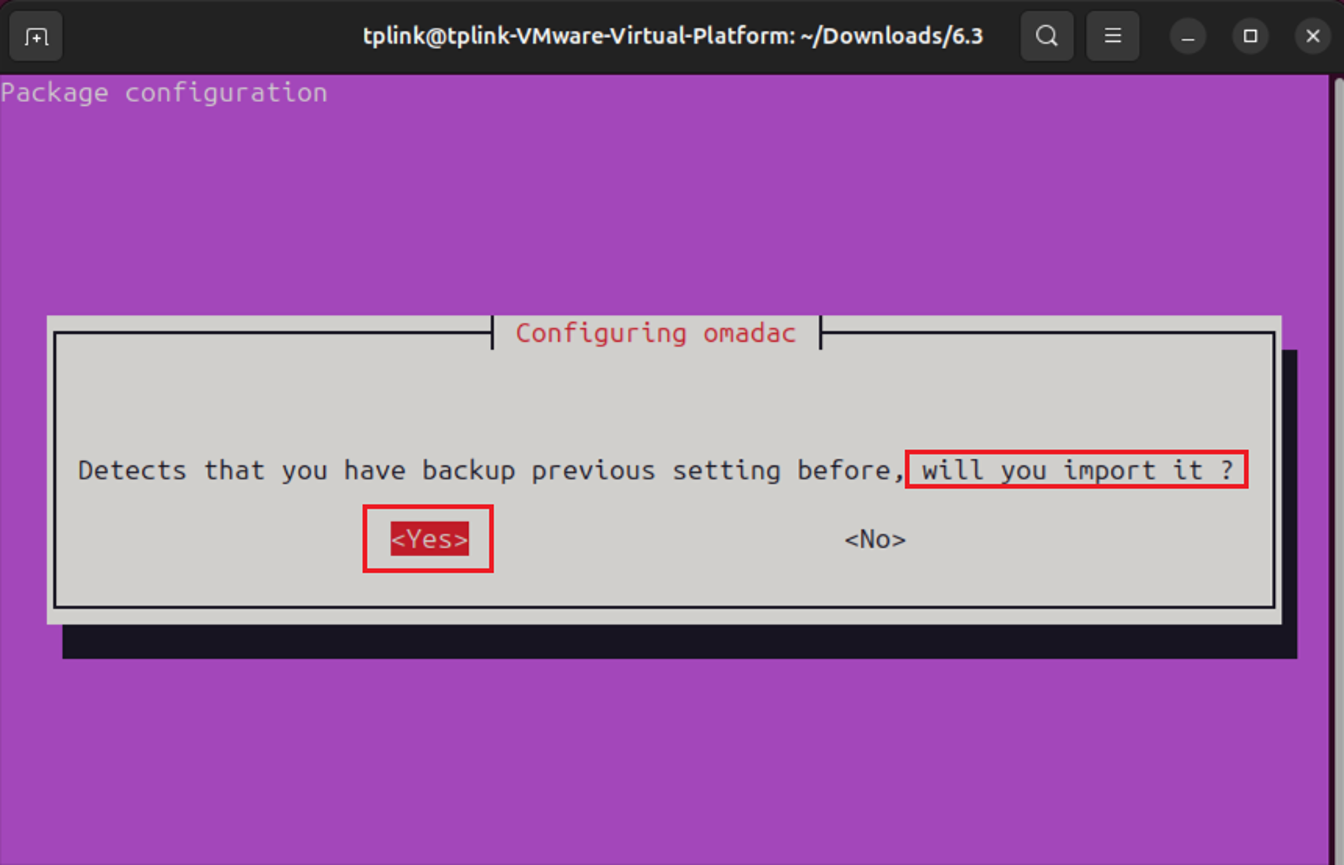 a screenshot showing the command-line interaction importing the backup.