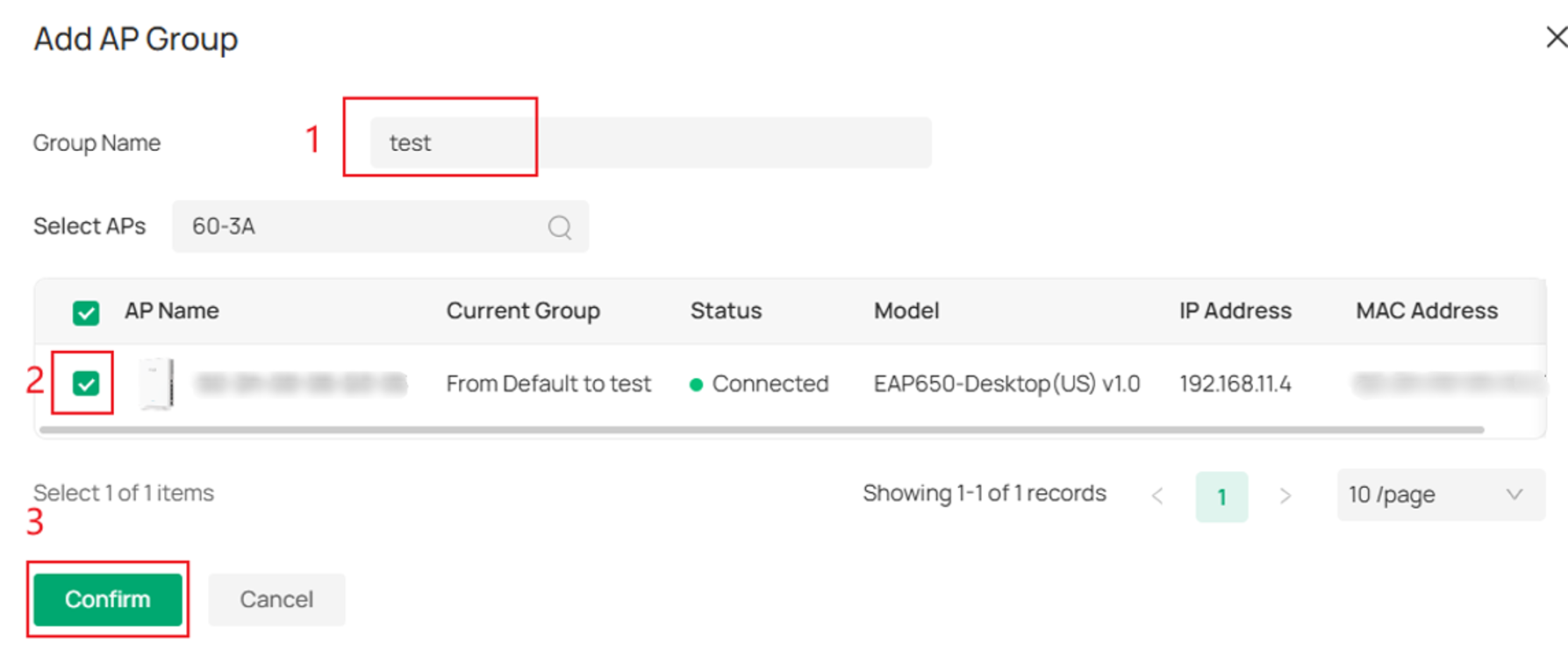 Add AP Group page showing search by group name in Omada Controller v6.3.