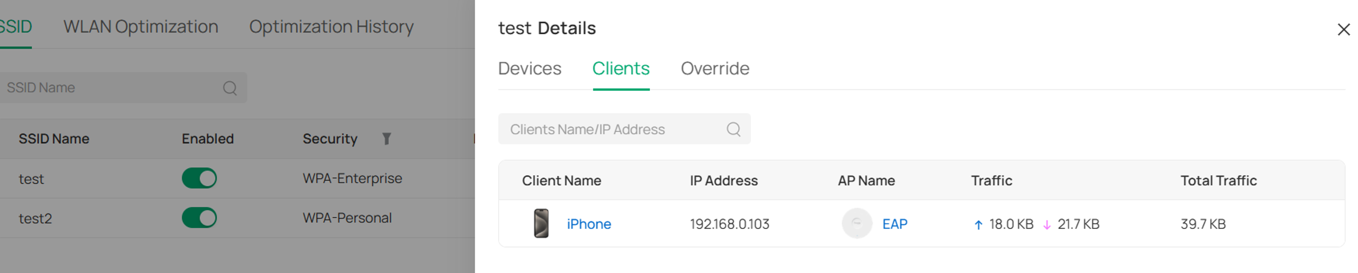 SSID Details – Clients tab in Omada Controller v6.3 showing connected clients for the selected SSID.
