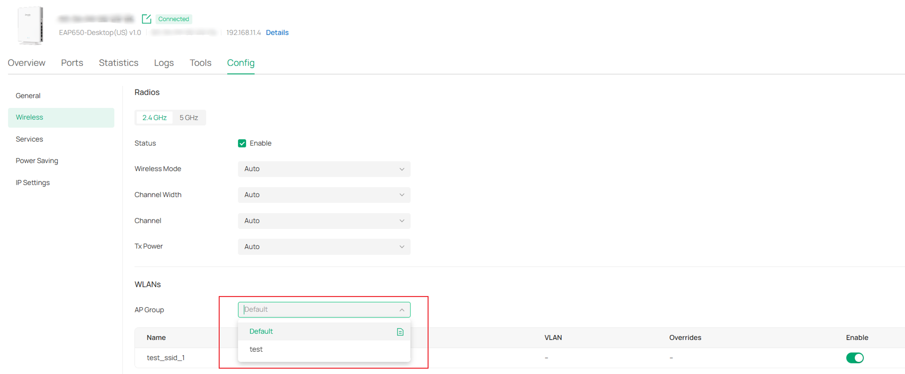 Device private management page in Omada Controller v6.3 showing AP Group settings under Config > Wireless.