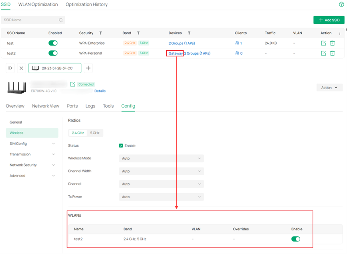 Device private management page for Wi-Fi Gateway showing WLANs displayed directly under Config > Wireless.