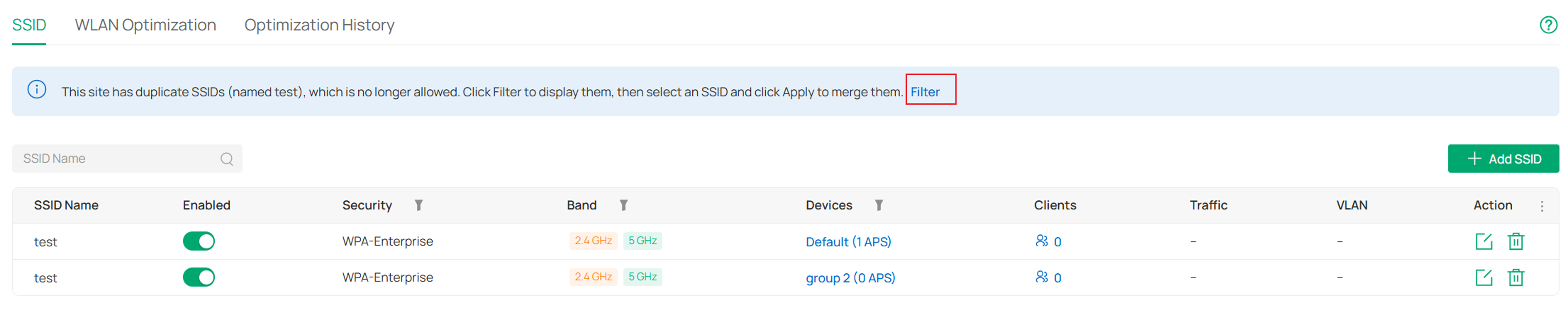 Filter prompt in Omada Controller v6.3 showing duplicate SSID detection after upgrade.
