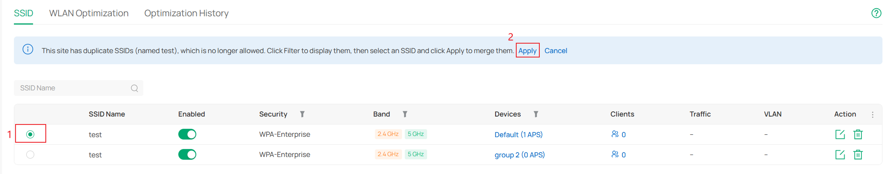 Duplicate SSID prompt in Omada Controller v6.3 showing Apply option to confirm selected SSID to retain after merge.