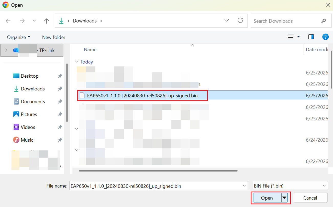 Select and open the firmware file that you want to downgrade to.