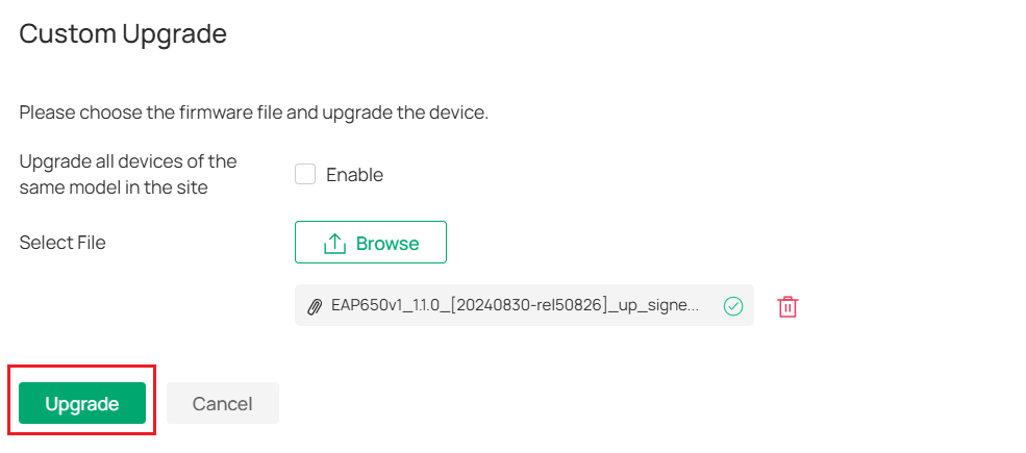 Upload the firmware and click upgrade.