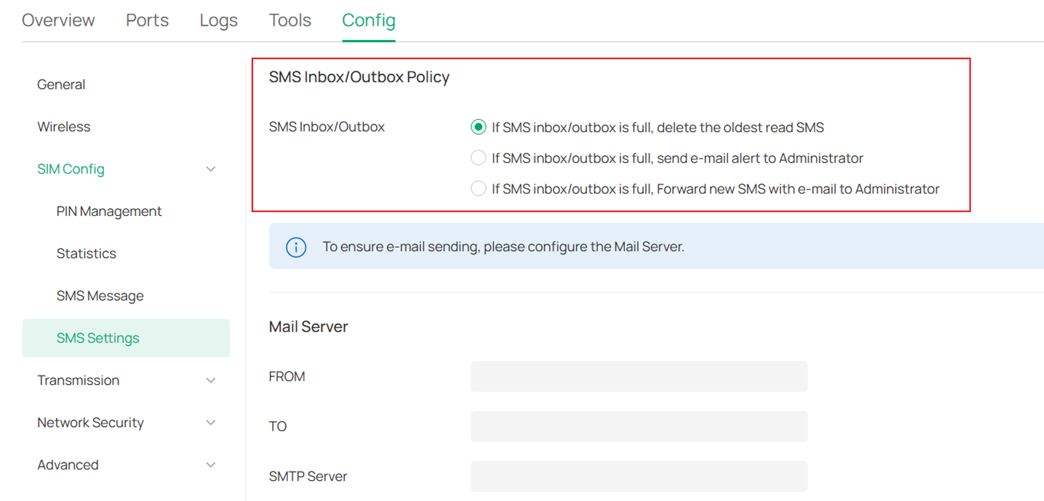 the details of SMS Inbox/Outbox Policy configuration.