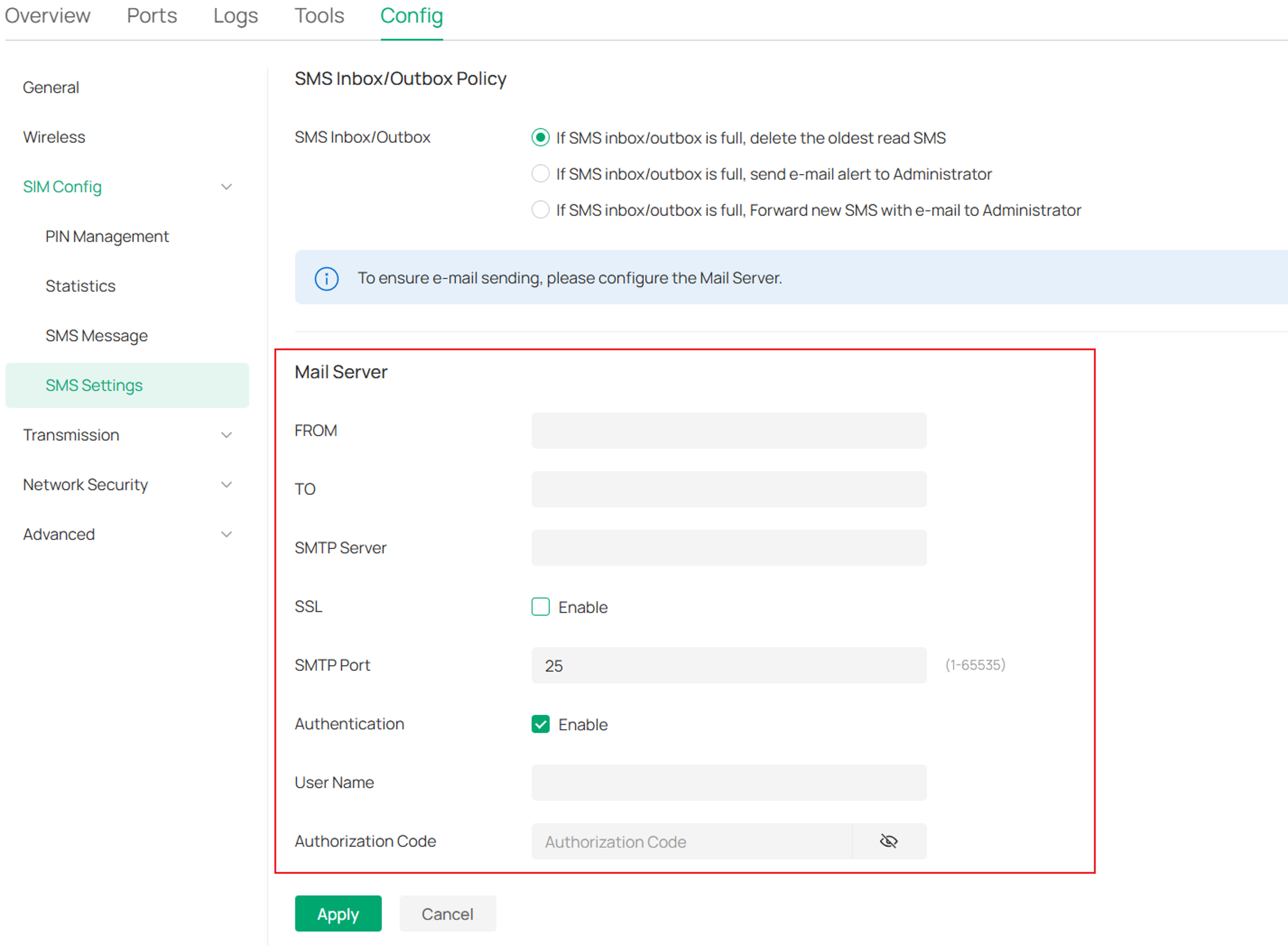 the details of Mail Server configuration.
