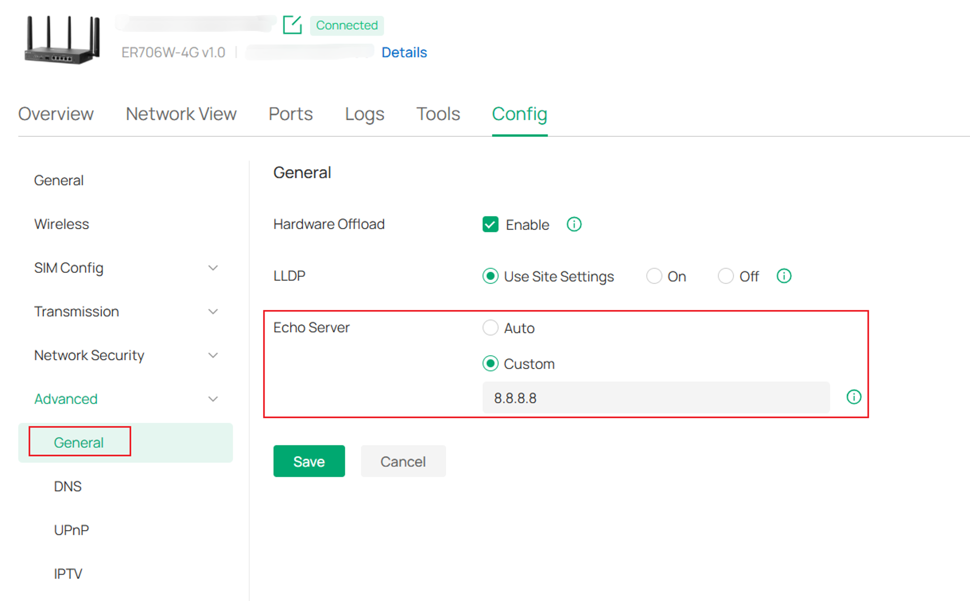 the details of Echo Server configuration page.
