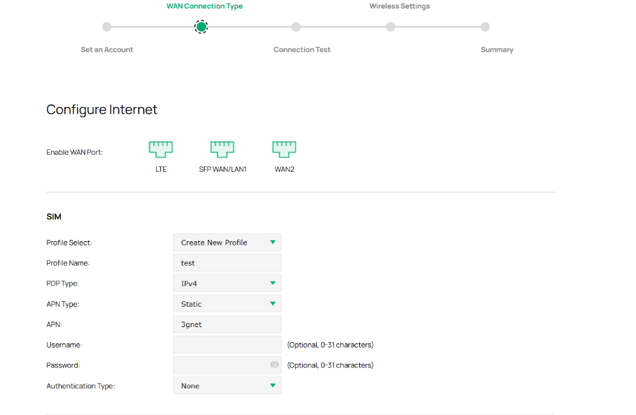 the LTE WAN configuration during the gateway quick setup process.