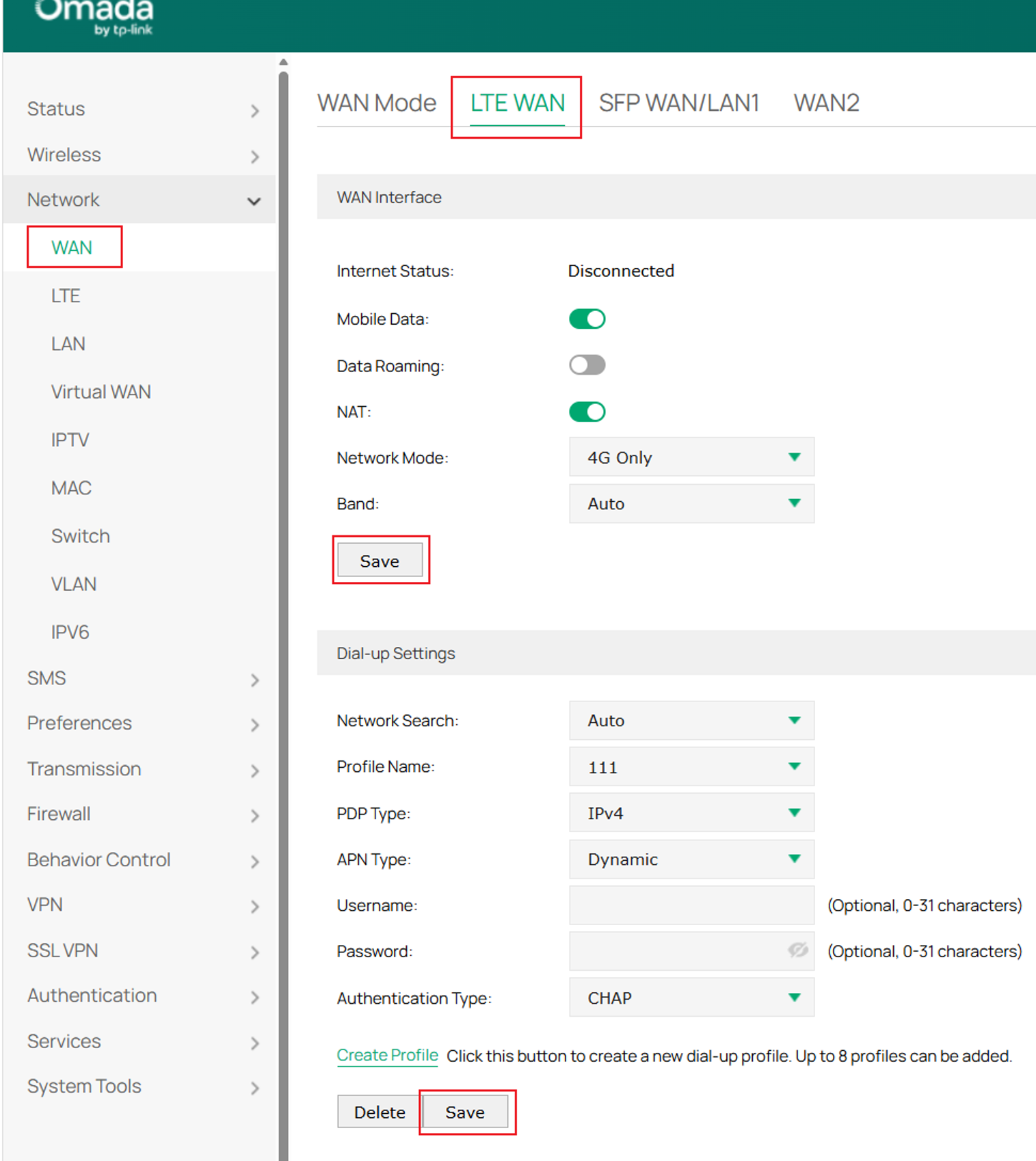 the LTE WAN page displaying the WAN and Dial-up configurations.
