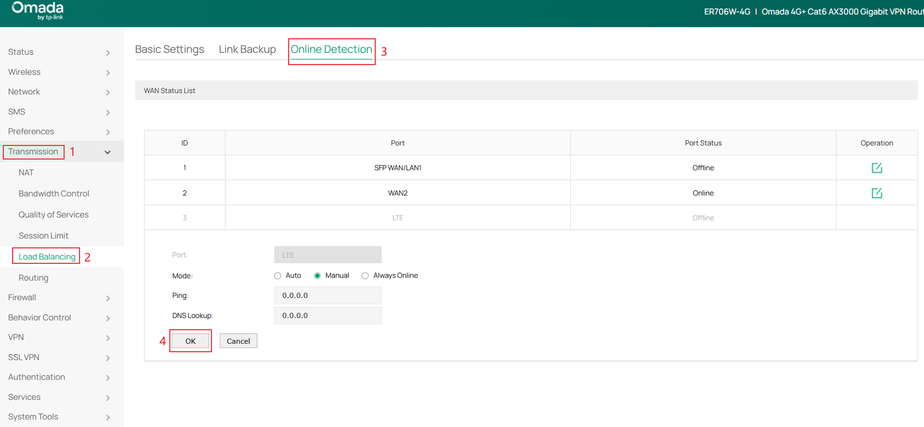 the Online Detection page displaying the manual configuration method.