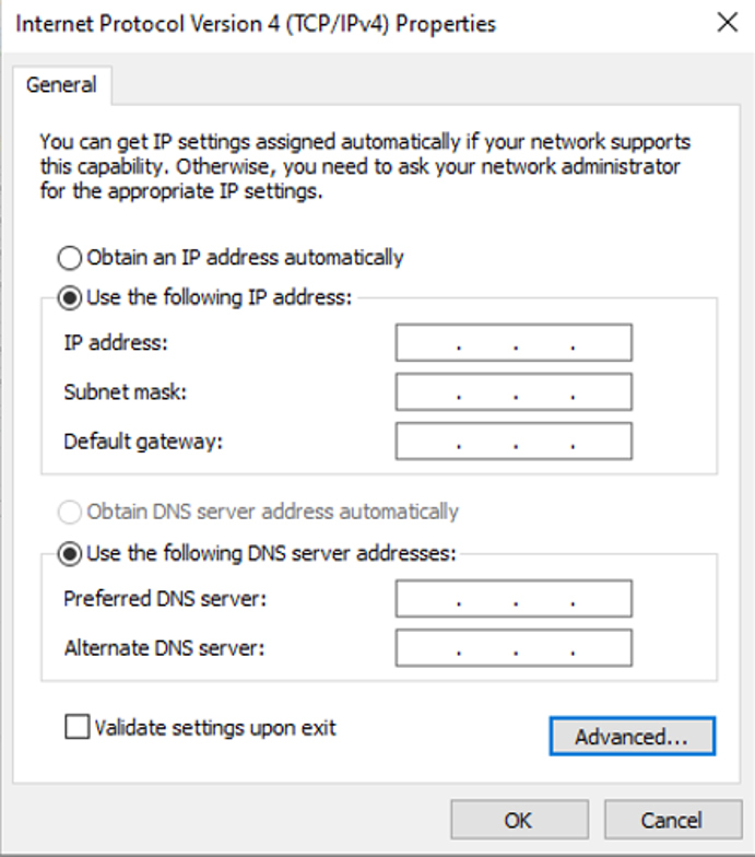 The Internet Protocol Version 4 (TCP/IPv4) page for setting the IP address, subnet mask, and DNS server..