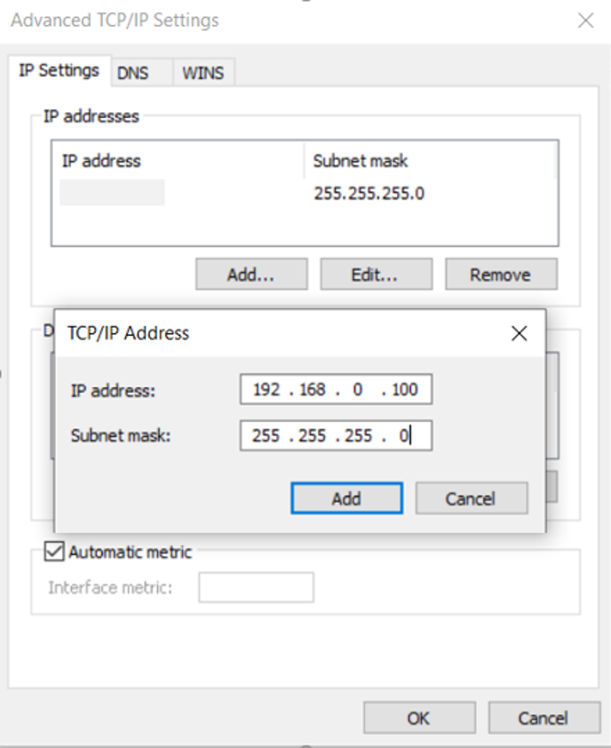 The TCP/IP settings window to add an IP address and subnet mask.