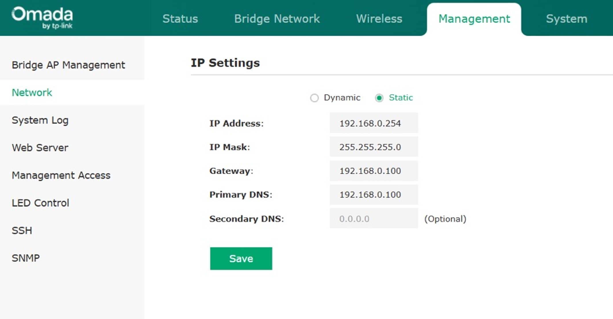 The static IP settings on the main AP page.