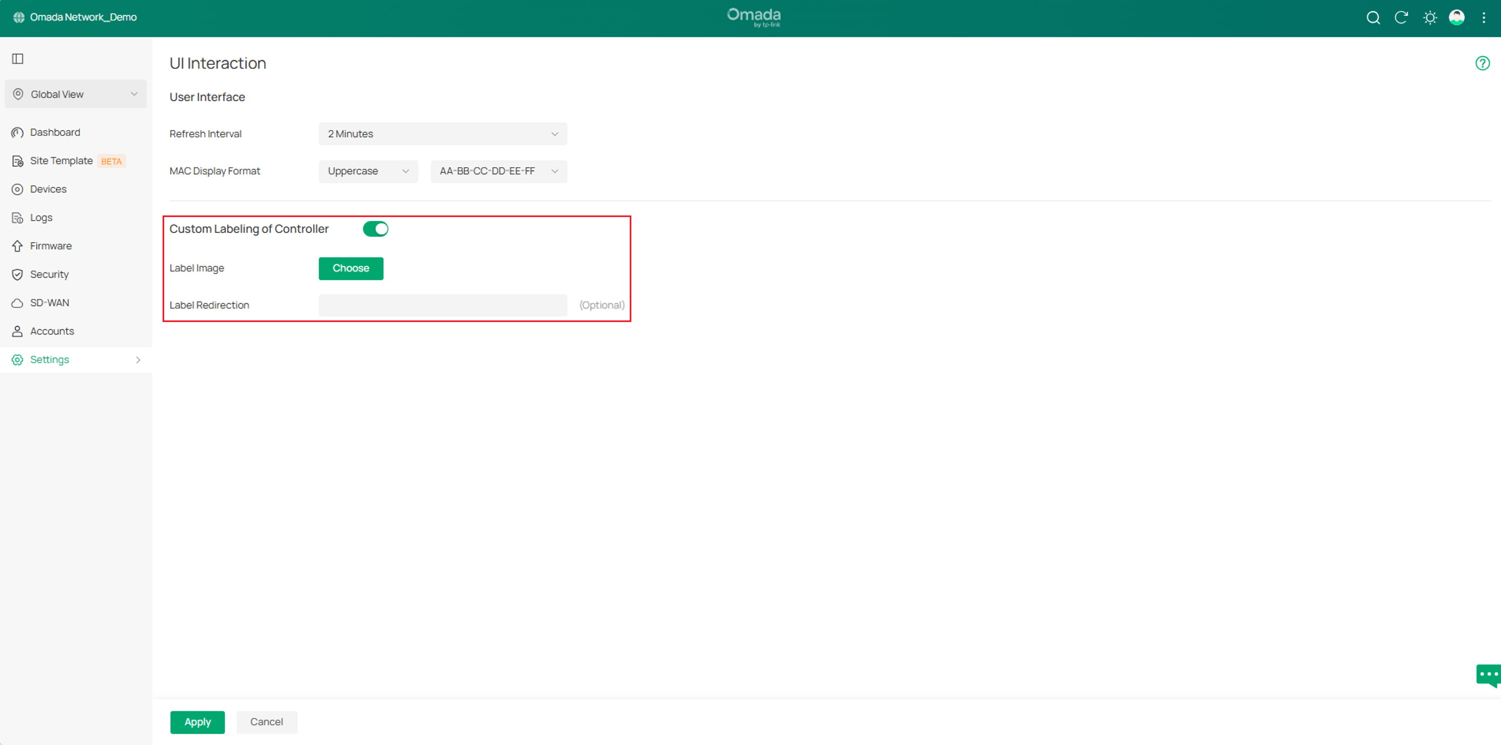 UI Interaction settings page showing the Custom Label option for the Controller in Global View.