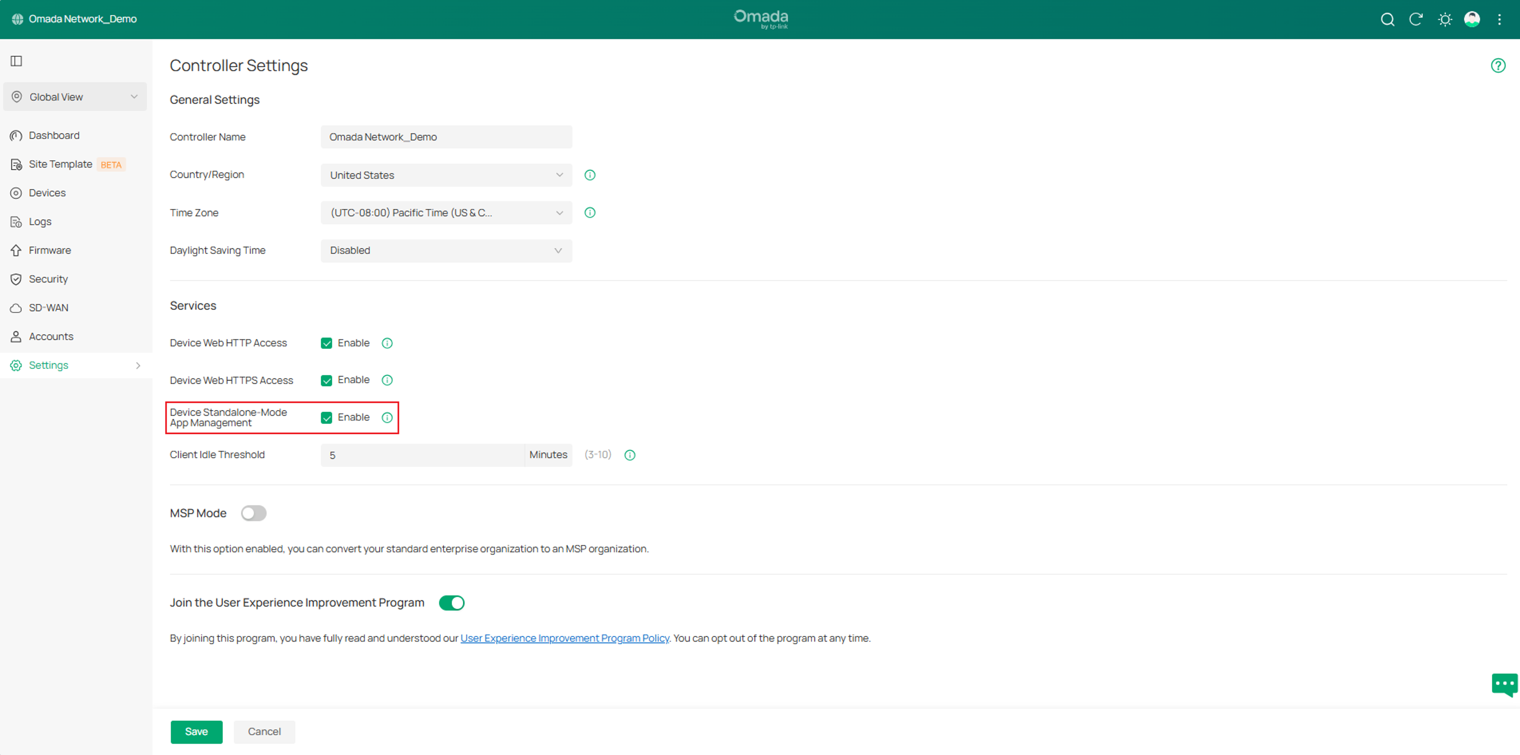 controller settings page showing the option of Device Standalone-Mode APP Management for the Controller in Global View.