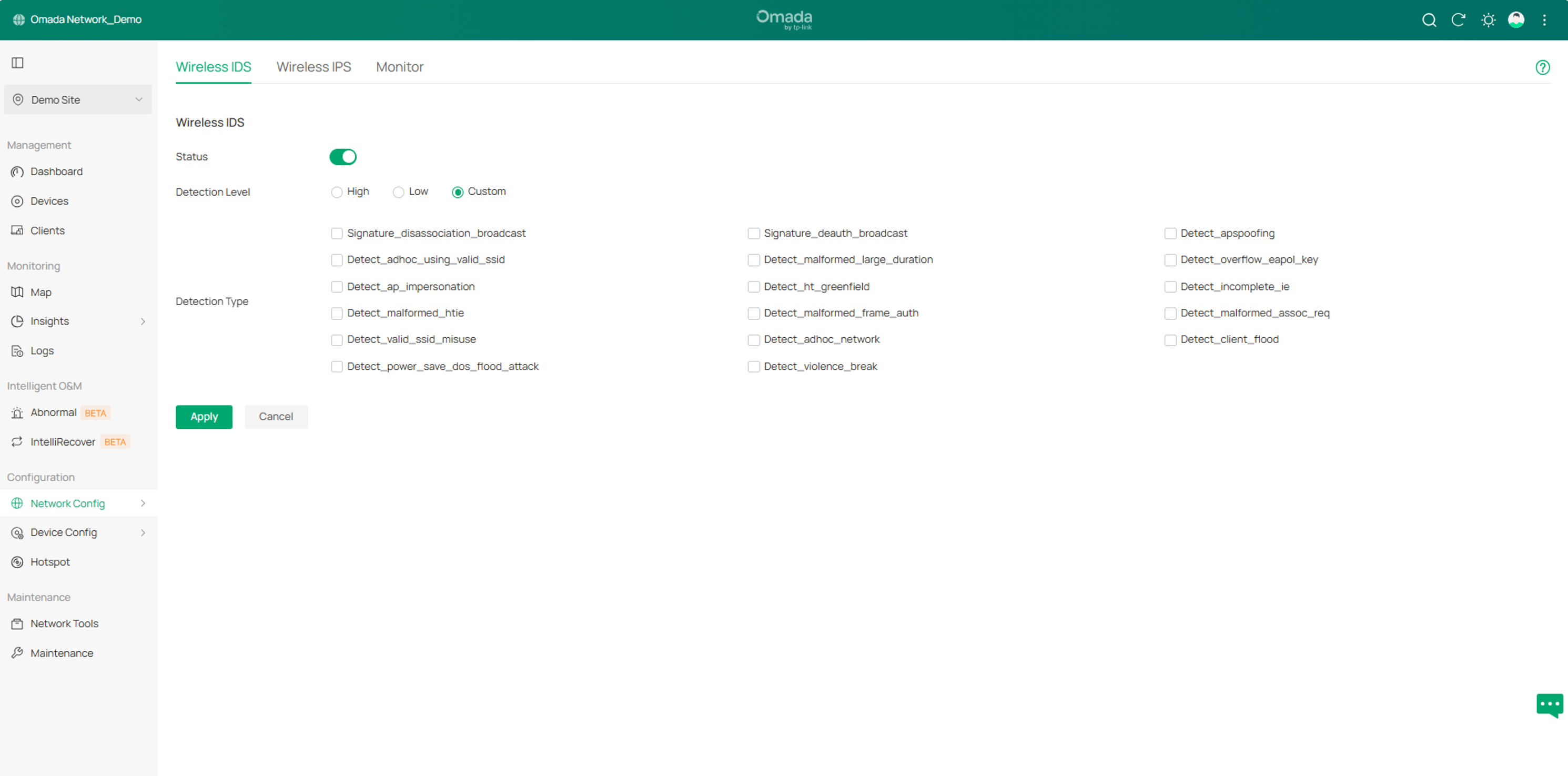 show the interface to check and configure Wireless IDS/IPS for the Controller in Site View.
