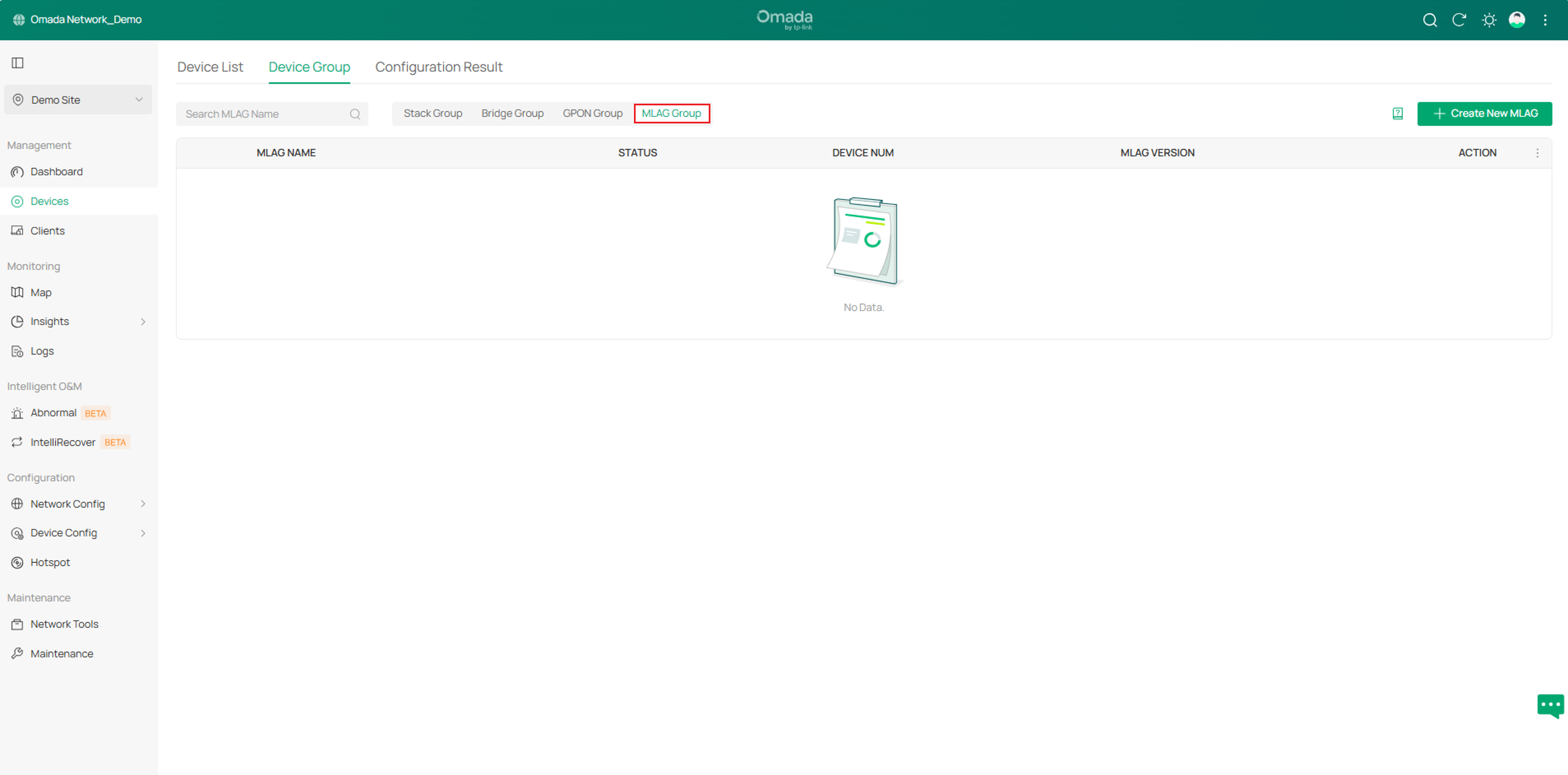 device group page showing the entrance to check and configure M-LAG Group for the Controller in Site View.