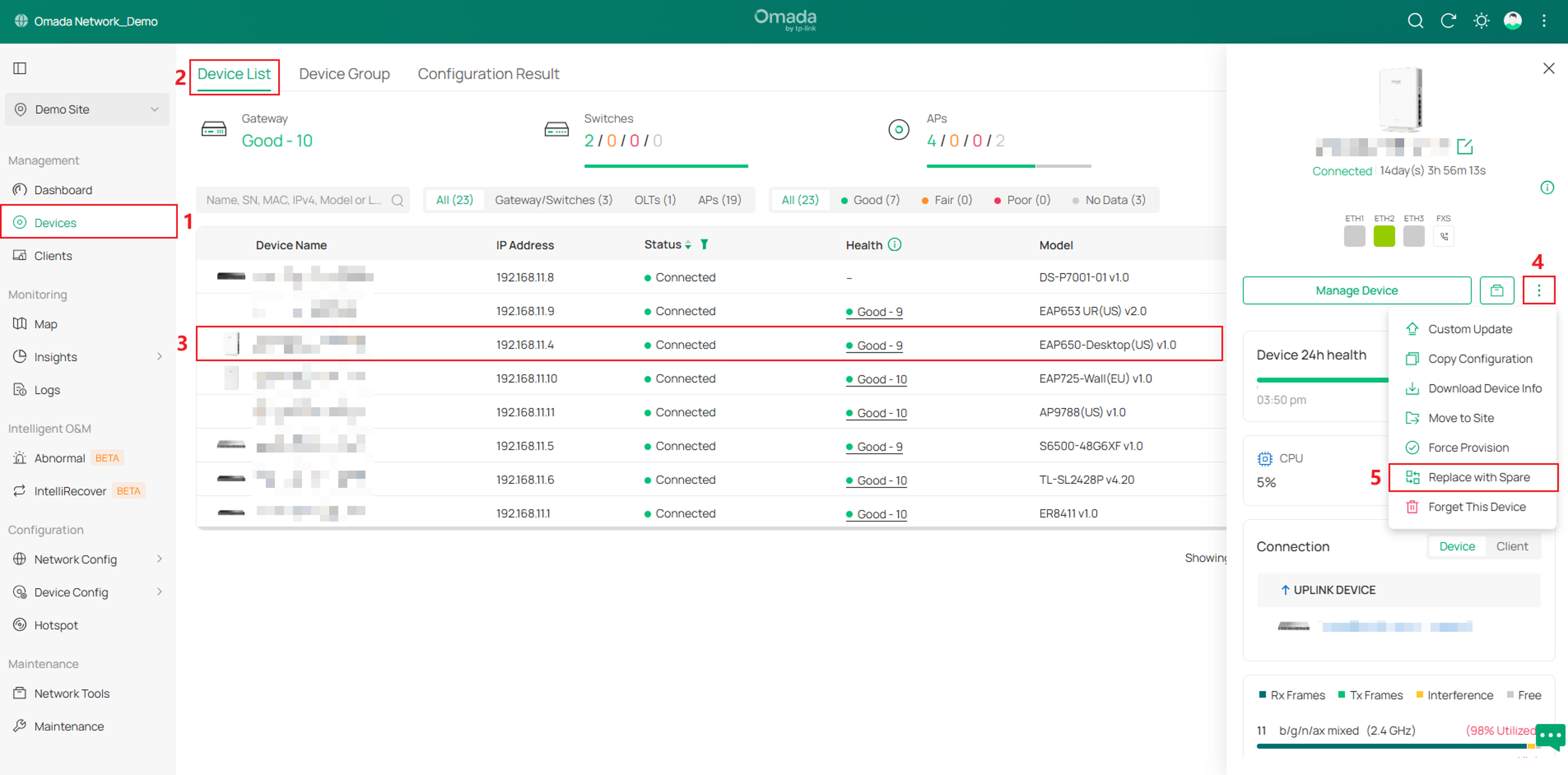 device list page showing the entrance to configure Replace with Spare for the Controller in Site View.