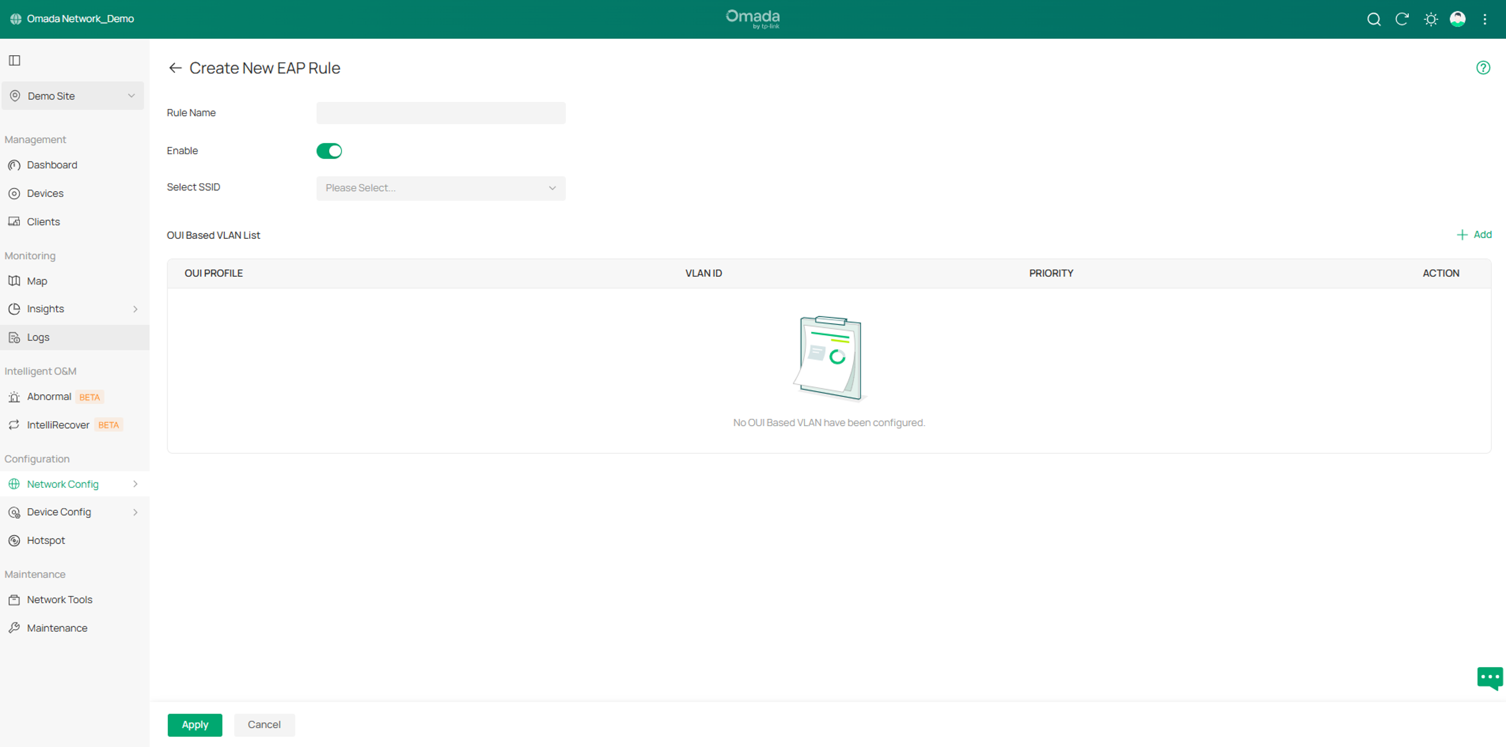 show the interface to configure OUI Based VLAN on SSIDs for the Controller in Site View.