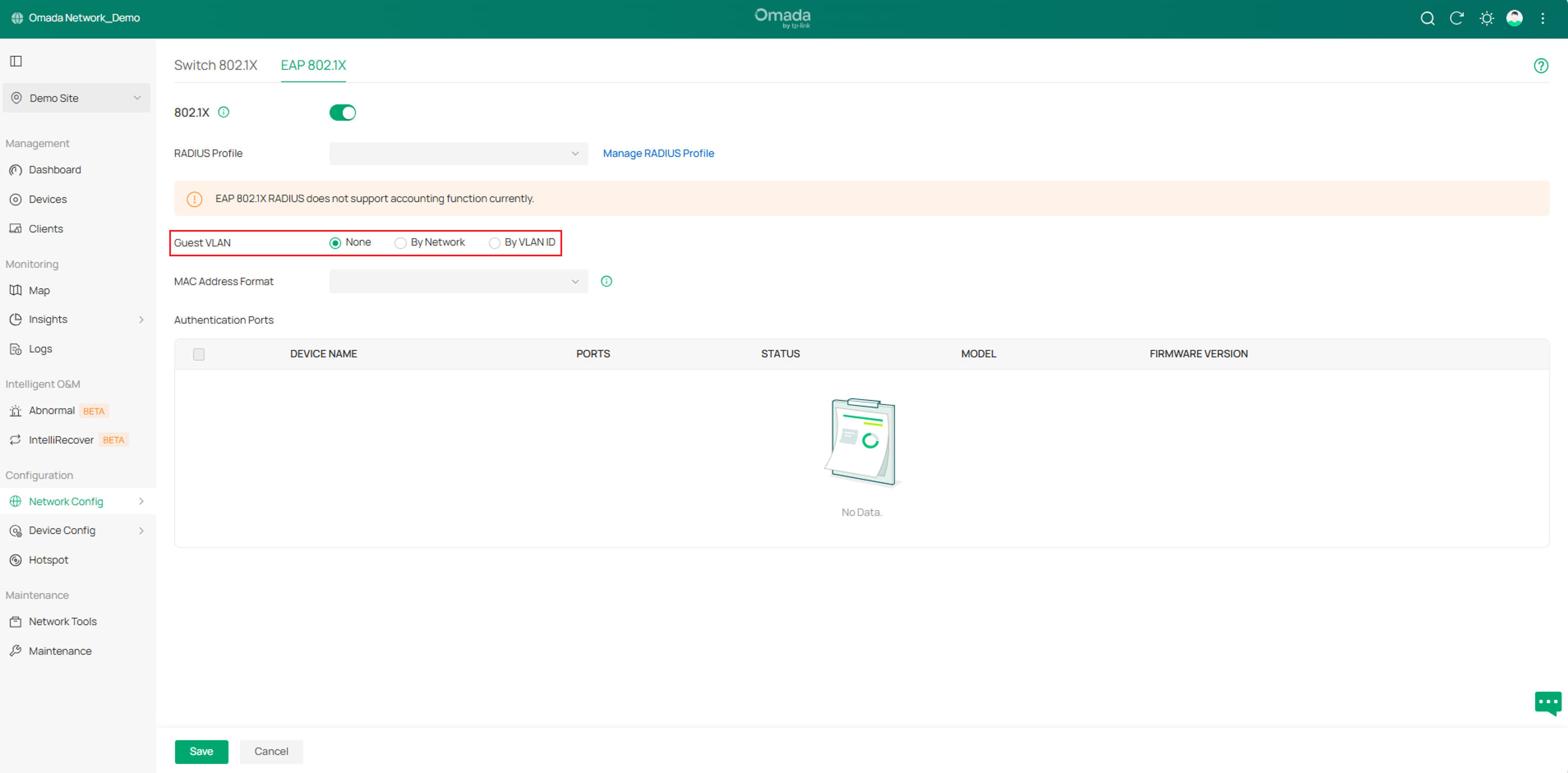 show the interface to check and configure EAP 802.1X for the Controller in Site View.