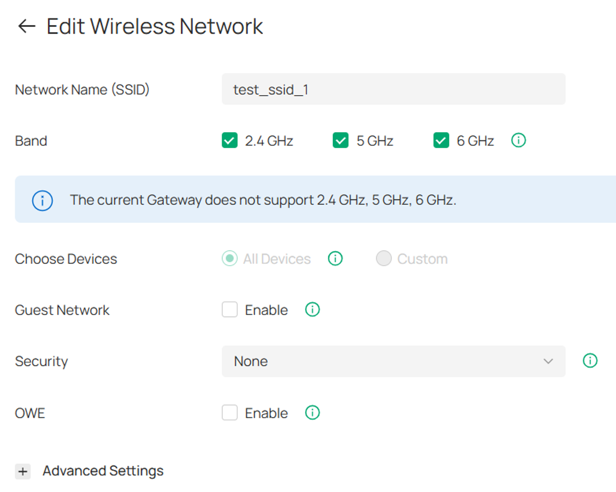 SSID configuration page displaying the SSID details and wireless settings for adding or editing an SSID.