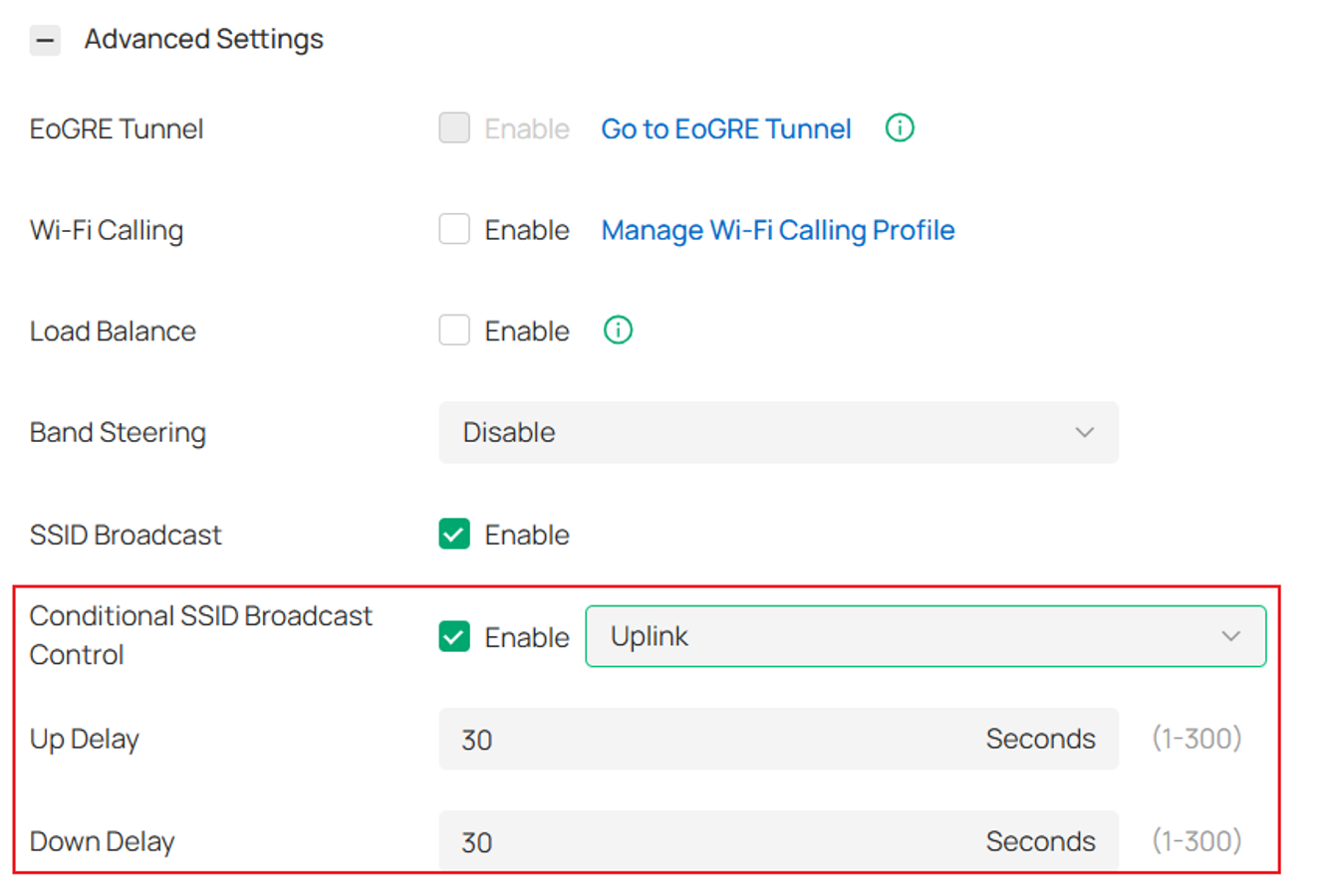 show the position of Conditional SSID Broadcast Control featurein the SSID configuration page.