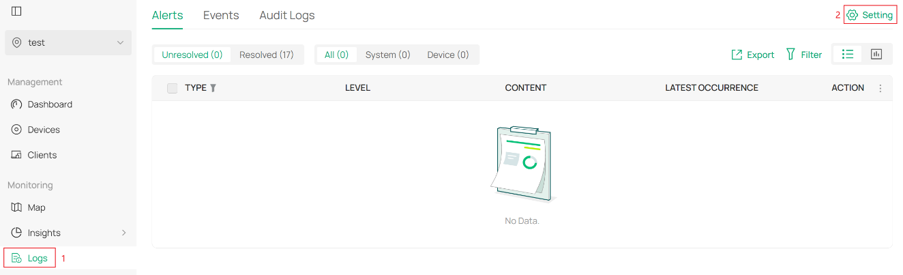 Log Settings page showing the options for configuring log settings in Logs > Setting.