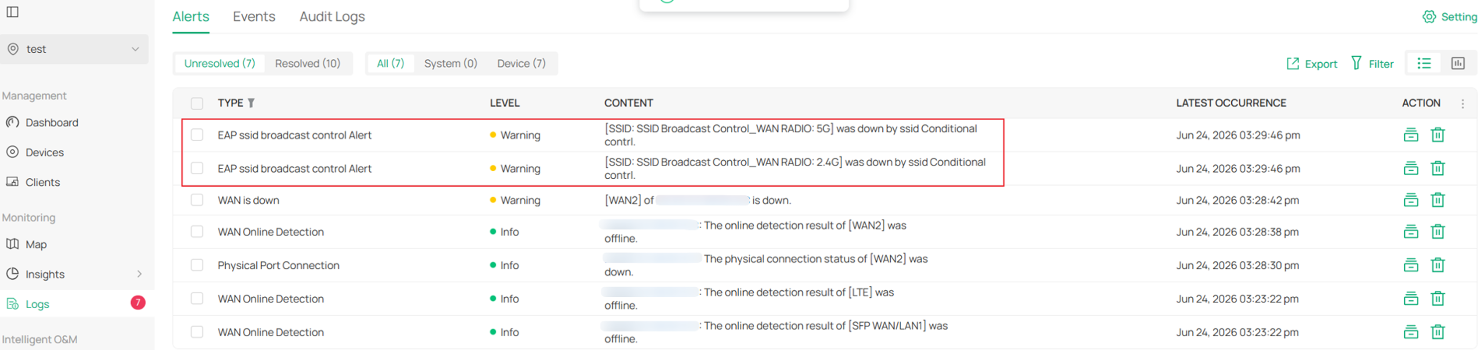 Controller Logs > Alerts page displaying an EAP SSID Broadcast Control alert with the affected SSID and frequency band.