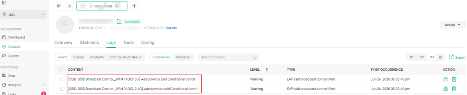 Device Logs page showing an EAP SSID Broadcast Control event recorded by the SSID Conditional Control feature.