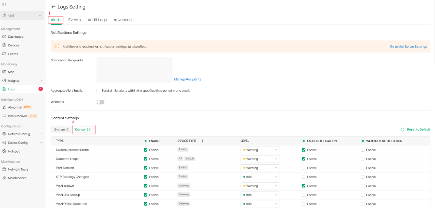Device Alerts page displaying the EAP SSID Broadcast Control alert configuration.