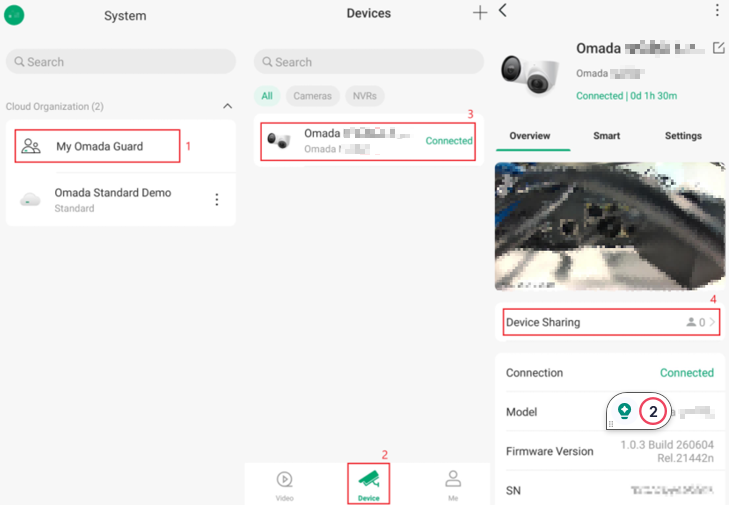 Accessing the Device Sharing section in the Omada Guard App.