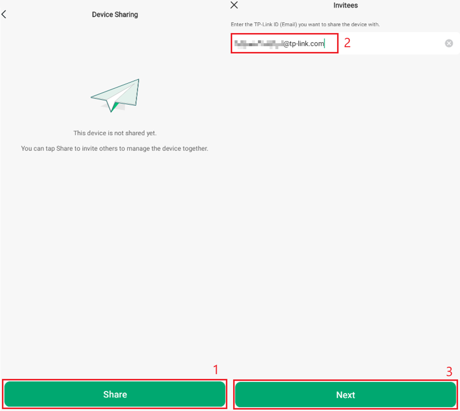 Entering the invitee’s TP-Link ID to share a device in the Omada Guard App.
