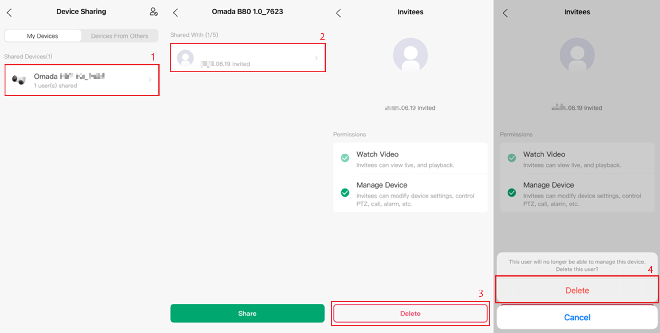 Removing a shared user's access from the Device Sharing page in the Omada Guard App.