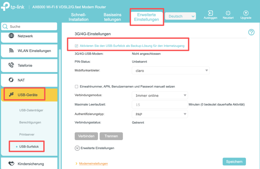 Einstellungsseite für den mobilen USB-Dongle im Webinterface des Routers.