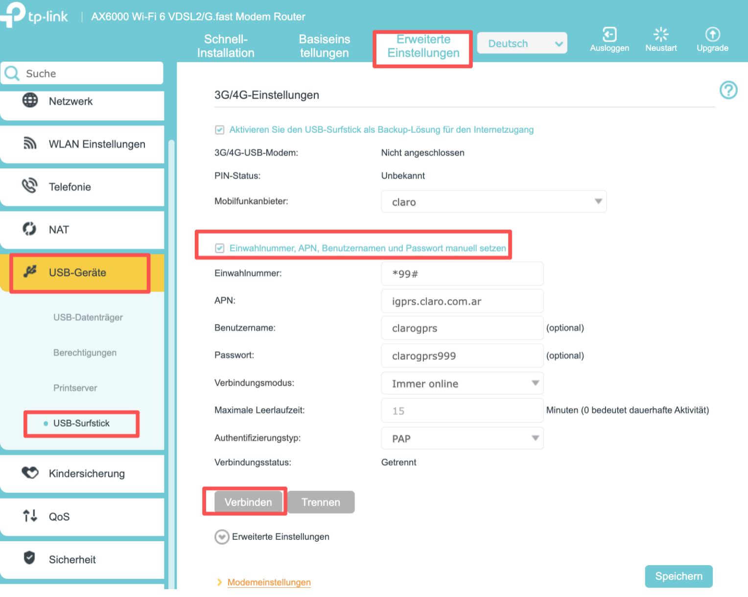 Seite mit den Mobilfunknetz-Einstellungen für APN und Einwahlparameter.