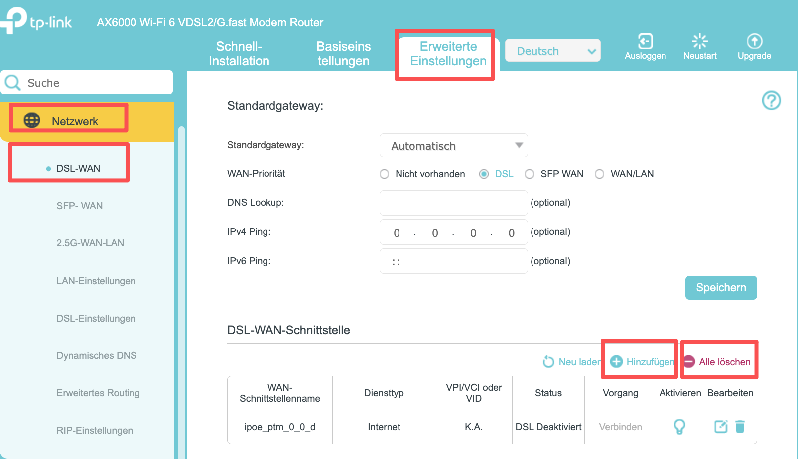 Die DSL-WAN-Seite mit zwei hervorgehobenen Optionen: „Hinzufügen“ und „Alle löschen“.