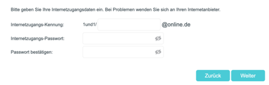 Die Seite des dritten Schritts der Schnellkonfiguration, auf der die PPPoE-Daten von 1&1 abgefragt werden.