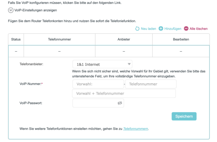 Die Seite mit den VoIP-Einstellungen, auf der 1&1 Internet als Anbieter ausgewählt ist.