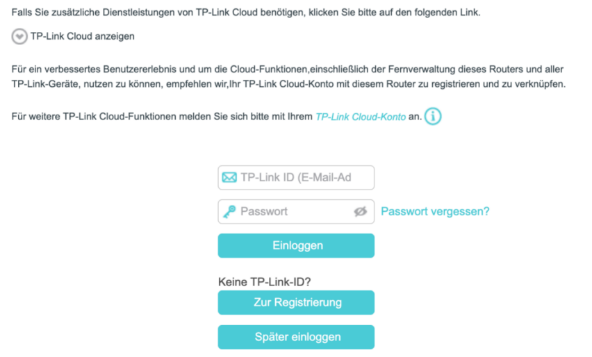 Die TP-Link-ID-Anmeldeseite mit den Optionen „Anmelden“ und „Registrieren“.