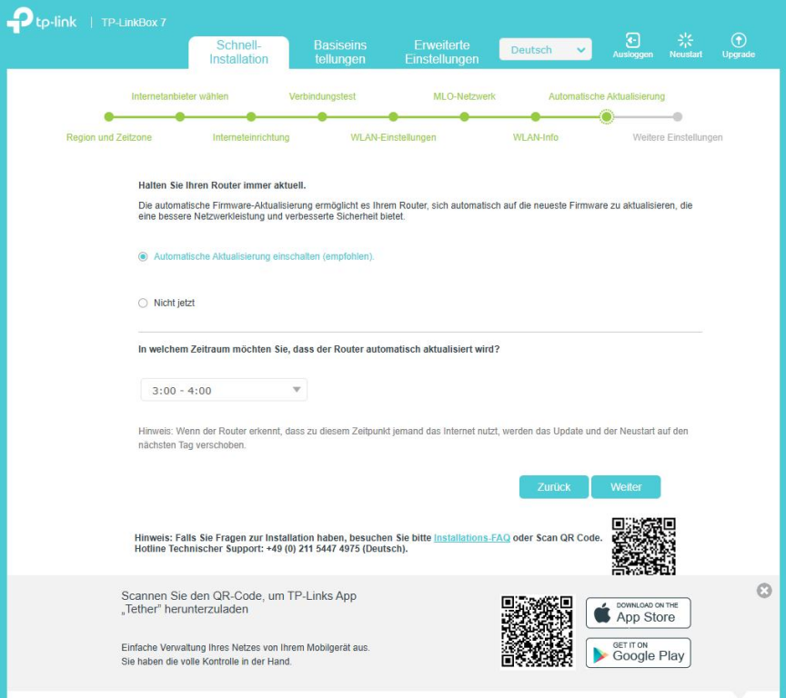 Seite „Schnelleinrichtung“, Schritt 8 – Einstellungen für automatische Updates.