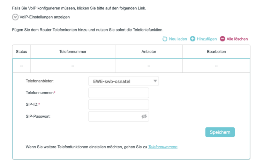 Die Seite mit den VoIP-Einstellungen, auf der „EWE-swb-osnatel“ als Anbieter ausgewählt ist.