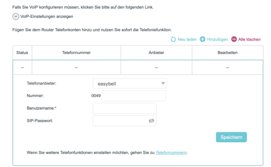 Die Seite mit den VoIP-Einstellungen, auf der „Easybell“ als Anbieter ausgewählt ist.