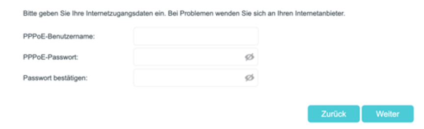 Die Seite des dritten Schritts der Schnellkonfiguration, auf der nach dem PPPoE-Benutzernamen und dem Passwort gefragt wird.