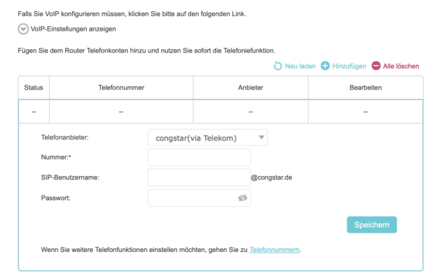 Die Seite mit den VoIP-Einstellungen, auf der Congstar (über die Telekom) als Anbieter ausgewählt ist.