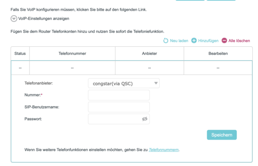 Die Seite mit den VoIP-Einstellungen, auf der Congstar (über QSC) als Anbieter ausgewählt ist.