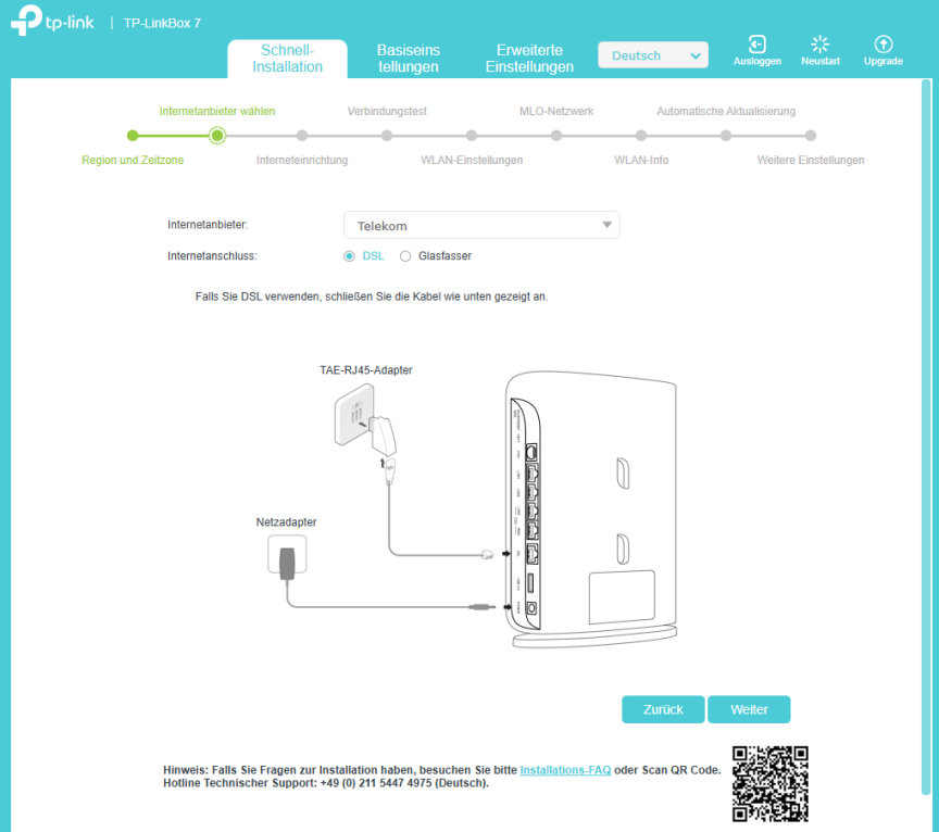 Die Seite mit dem zweiten Schritt der Schnellkonfiguration, auf der „Telekom“ und „DSL“ ausgewählt sind.